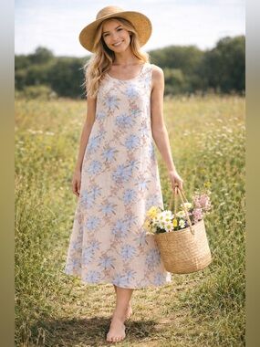 Mountain Lake Linen Blend Maxi Floral Jumper Dress 👗 Side Slits Casual Summer M
